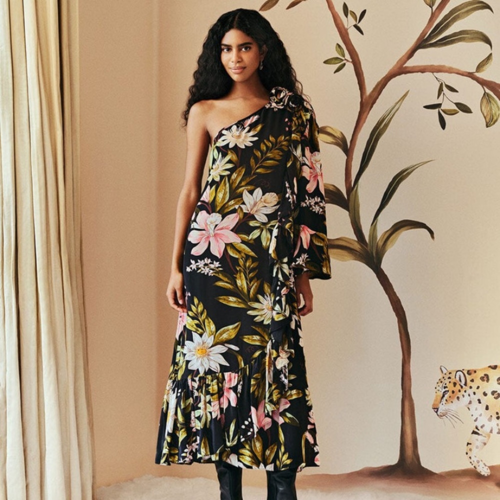 New FARM Rio One Shoulder Floral Ruffle Hem Dress